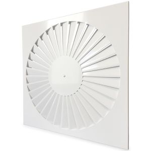 Wervelrooster voor inleg systeemplafond 595 x 595mm - rond Ø 530mm - luchtafvoer en toevoer - staal - RAL9010 Wervelrooster voor inleg systeemplafond 595 x 595mm - rond Ø 530mm - luchtafvoer en toevoer - staal - RAL9010