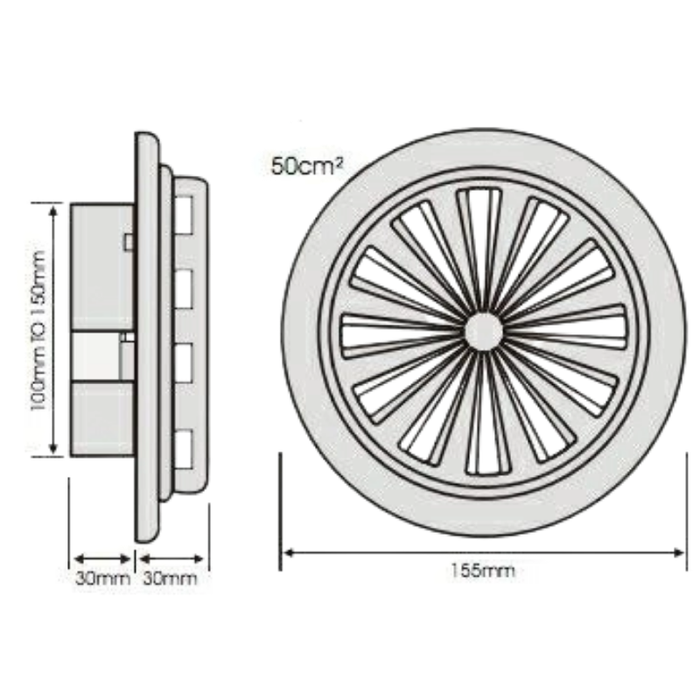 Verstelbaar kunststof ventilatierooster - Multi-fit -  Ø 100 -150 - RAL 9016