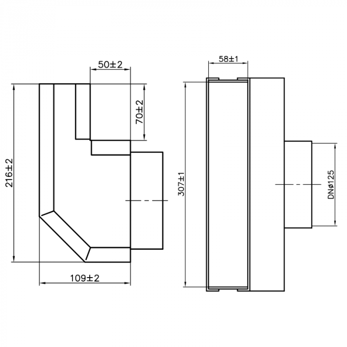 Haakse roosterschoen 305 x 57mm met aansluiting Ø 125mm