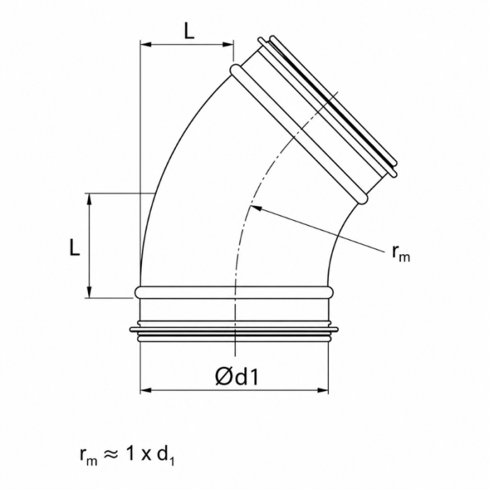 Bocht 45º met rubberdichting - geperst - Ø 125mm Bocht 45º met rubberdichting - geperst - Ø 125mm