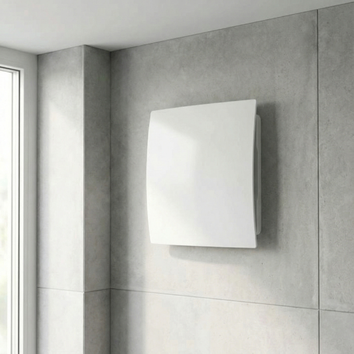 Whisper pro-design badkamer ventilator - Ø100mm - met nalooptimer en vochtsensor - gebogen kunststof - wit Whisper pro-design badkamer ventilator - Ø100mm - met nalooptimer en vochtsensor - gebogen kunststof - wit