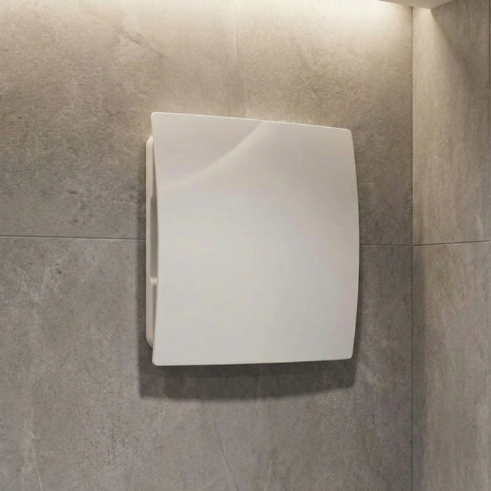 Whisper pro-design badkamer ventilator - Ø100mm - met nalooptimer en vochtsensor - gebogen kunststof - wit Whisper pro-design badkamer ventilator - Ø100mm - met nalooptimer en vochtsensor - gebogen kunststof - wit