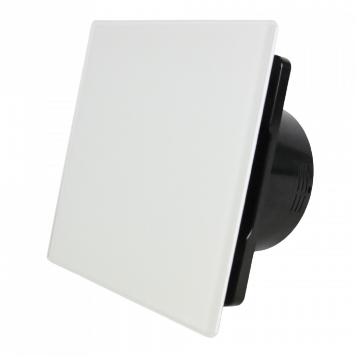 Whisper Pro-Design badkamerventilator - Ø100mm - met nalooptimer + vochtsensor - vlak glas - mat wit - zwarte ventilator Whisper Pro-Design badkamerventilator - Ø100mm - met nalooptimer + vochtsensor - vlak glas - mat wit - zwarte ventilator