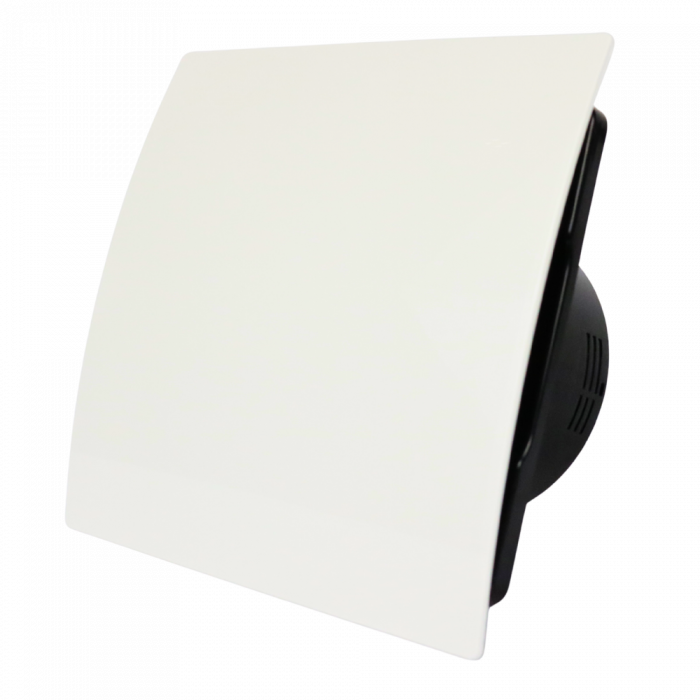 Whisper Pro-Design badkamerventilator - Ø100mm - met nalooptimer - gebogen kunststof - wit - zwarte ventilator Whisper Pro-Design badkamerventilator - Ø100mm - met nalooptimer - gebogen kunststof - wit - zwarte ventilator