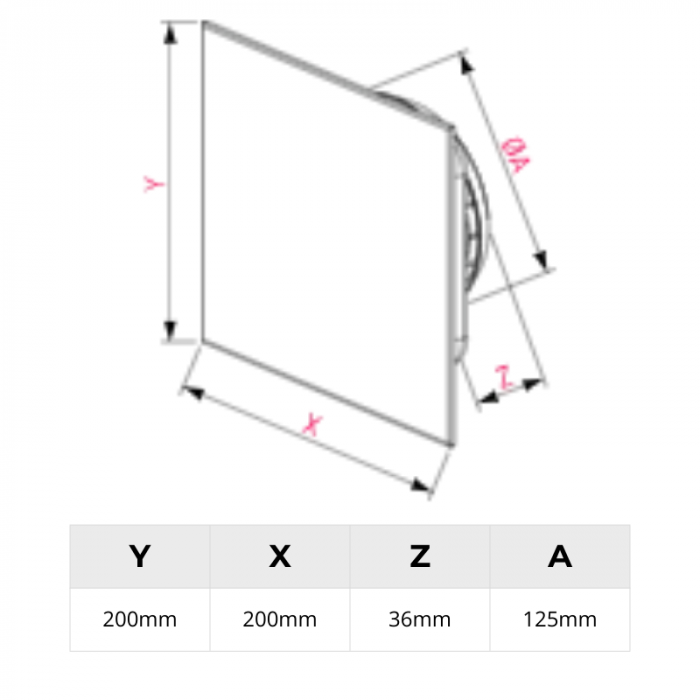 Whisper Designventiel vierkant 125mm kunststof - toevoer/afvoer - ZWART