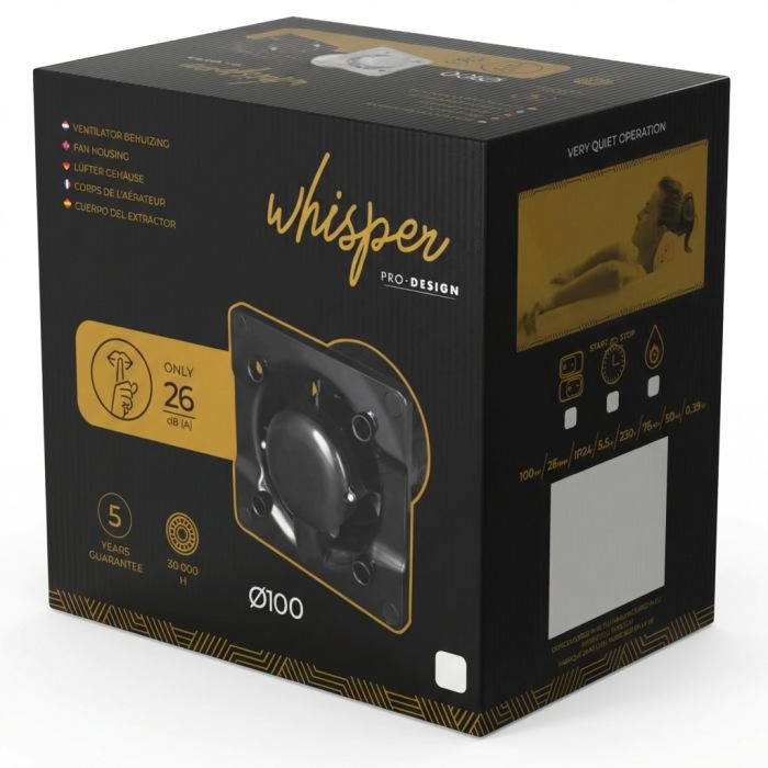 Whisper Pro-Design badkamerventilator - Ø100mm - met nalooptimer + vochtsensor - vlak kunststof - wit - zwarte ventilator