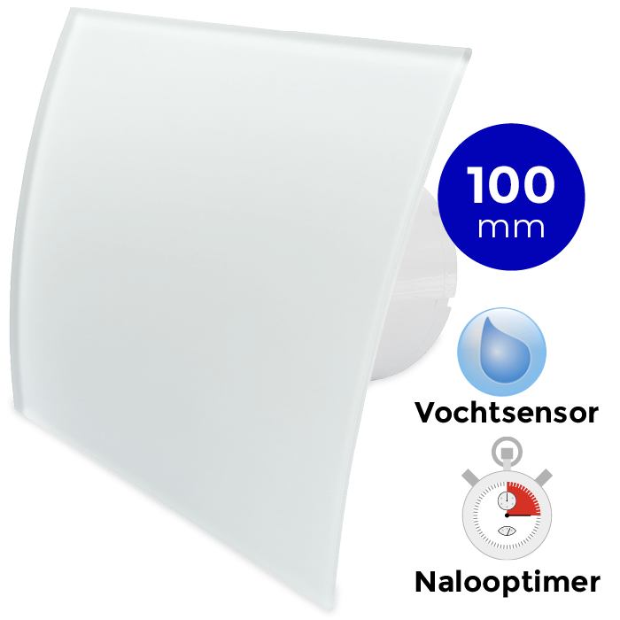 Pro-Design badkamerventilator - TIMER + VOCHTSENSOR (KW100H) - Ø 100mm - gebogen GLAS - mat wit