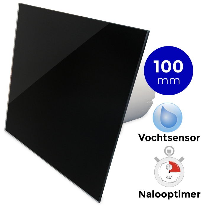 Pro-Design badkamerventilator - TIMER + VOCHTSENSOR (KW100H) - Ø 100mm - vlak GLAS - glans zwart