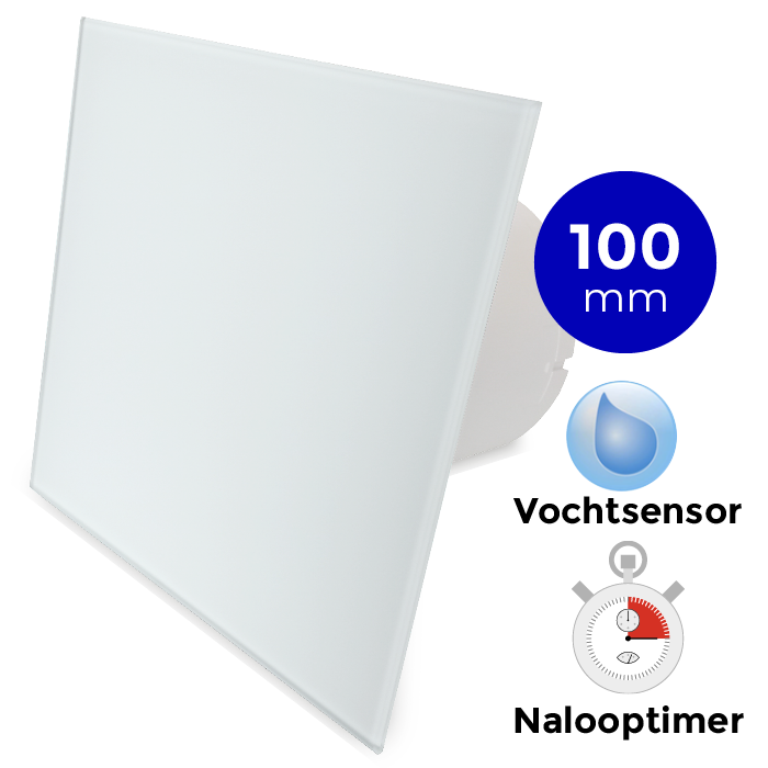 Pro-Design badkamerventilator - TIMER + VOCHTSENSOR (KW100H) - Ø 100mm - vlak GLAS - mat wit