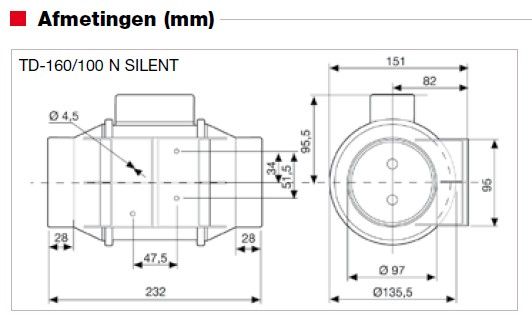 Soler & Palau Buisventilator TD-160/100 NT Silent met nalooptimer, diameter 100mm