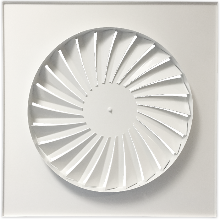 Wervelrooster voor inleg systeemplafond 595 x 595mm - rond Ø 443mm - luchtafvoer en toevoer - staal - RAL9010 Wervelrooster voor inleg systeemplafond 595 x 595mm - rond Ø 443mm - luchtafvoer en toevoer - staal - RAL9010
