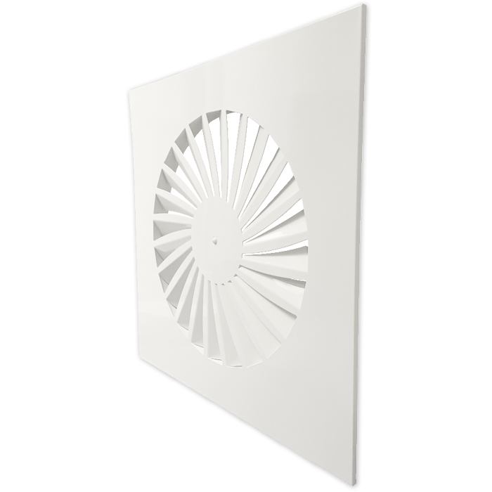 Wervelrooster voor inleg systeemplafond 595 x 595mm - rond Ø 443mm - luchtafvoer en toevoer - staal - RAL9010 Wervelrooster voor inleg systeemplafond 595 x 595mm - rond Ø 443mm - luchtafvoer en toevoer - staal - RAL9010