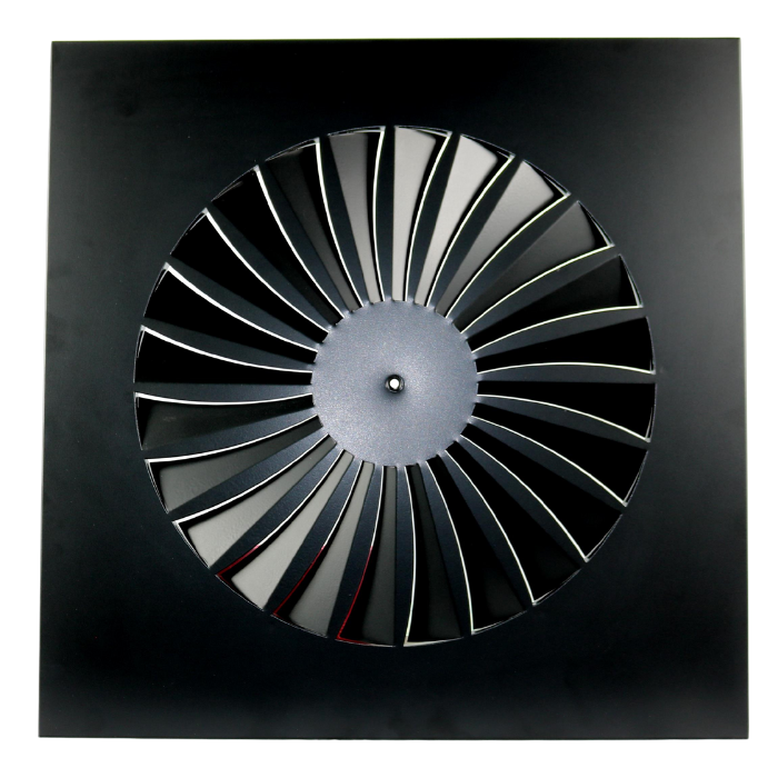 Wervelrooster voor inleg systeemplafond 595 x 595mm - rond Ø 443mm - luchtafvoer en toevoer - staal - RAL9005 Wervelrooster voor inleg systeemplafond 595 x 595mm - rond Ø 443mm - luchtafvoer en toevoer - staal - RAL9005