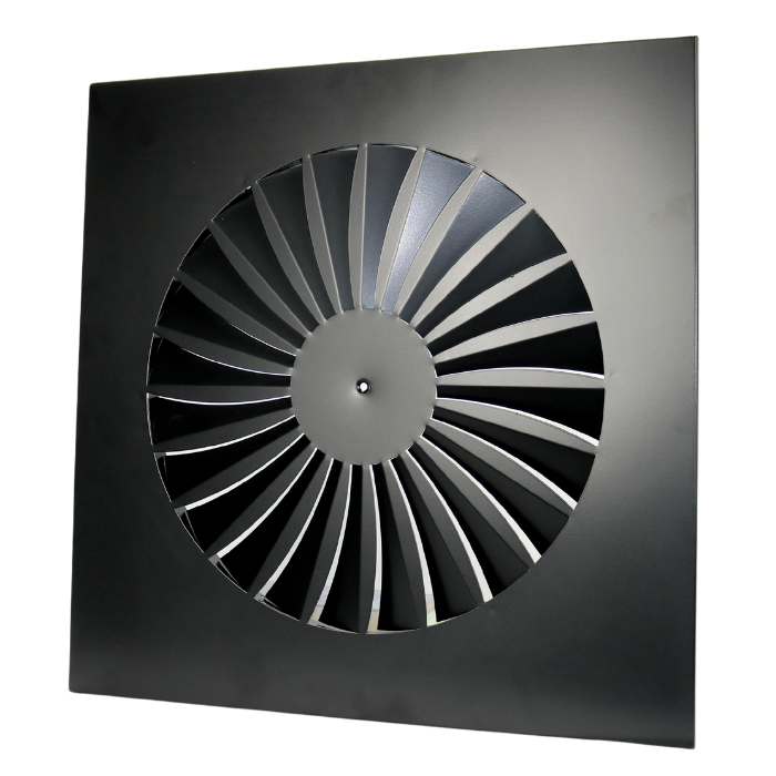 Wervelrooster voor inleg systeemplafond 595 x 595mm - rond Ø 443mm - luchtafvoer en toevoer - staal - RAL9005 Wervelrooster voor inleg systeemplafond 595 x 595mm - rond Ø 443mm - luchtafvoer en toevoer - staal - RAL9005