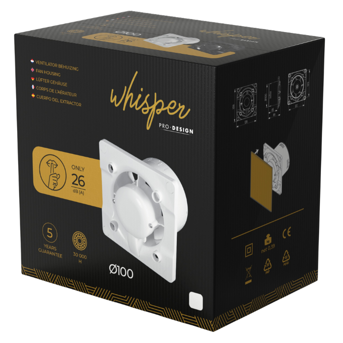 Whisper Pro-Design badkamerventilator - Ø100mm - met nalooptimer - gebogen kunststof - goud