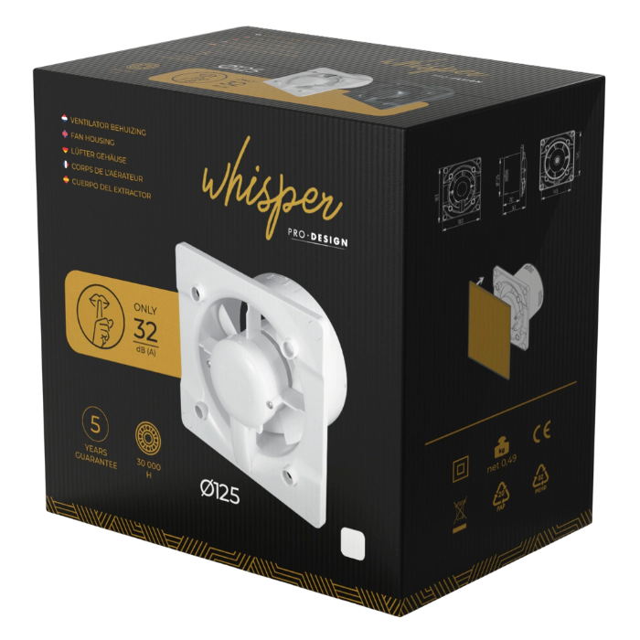 Whisper Pro-Design badkamerventilator - Ø125mm - aan/uit - vlak hout